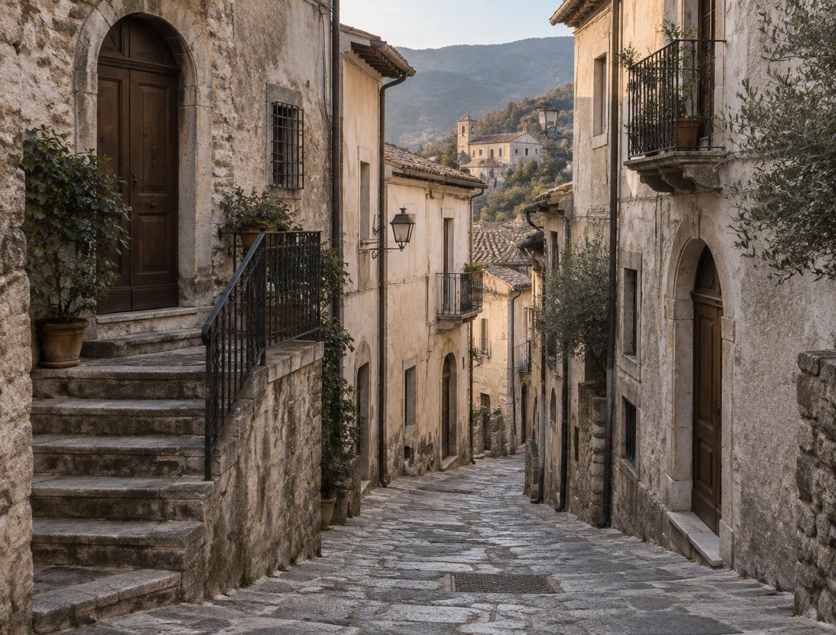 A narrow stone street in an old Calabrian hill village