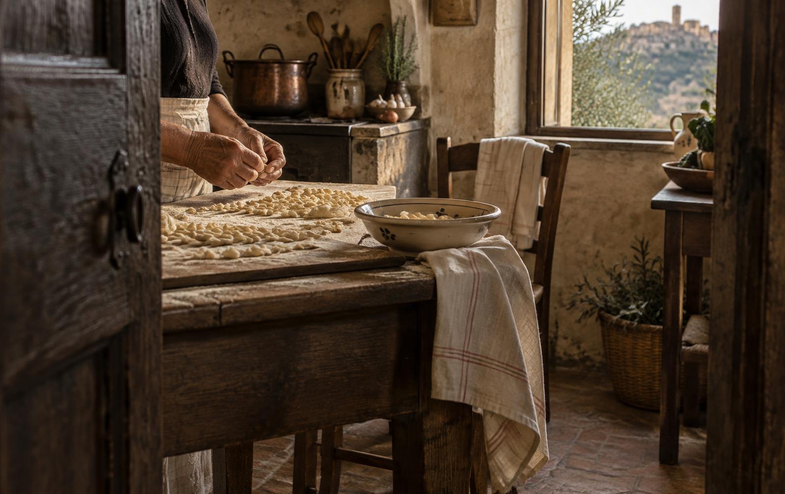 Hands shaping pasta in a warm, old kitchen